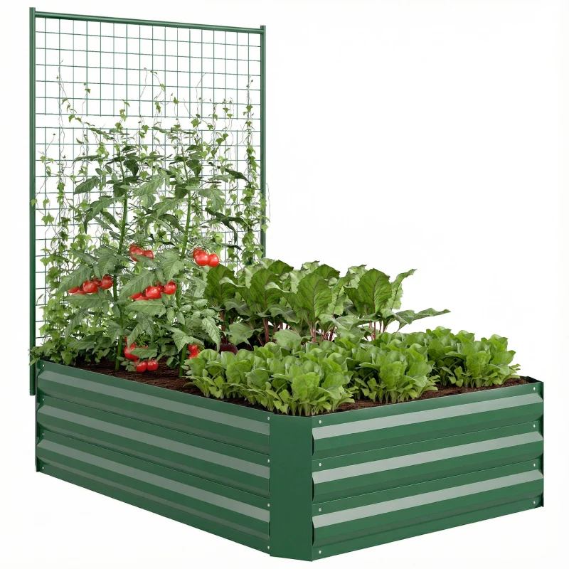 Outsunny Galvanized Raised Garden Bed with Trellis for Climbing Plants, Outdoor Planter Box with Open Bottom, Green