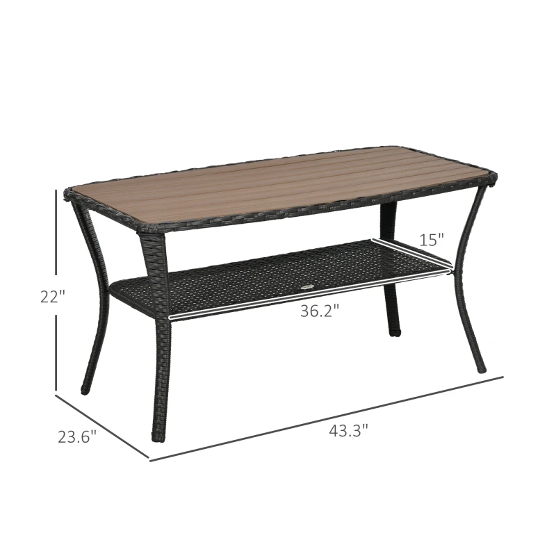 Outsunny Outdoor Patio PE Rattan Coffee Table with Storage Shelf, Wicker Side Table with Wood-Plastic Composite Top, Mixed Brown