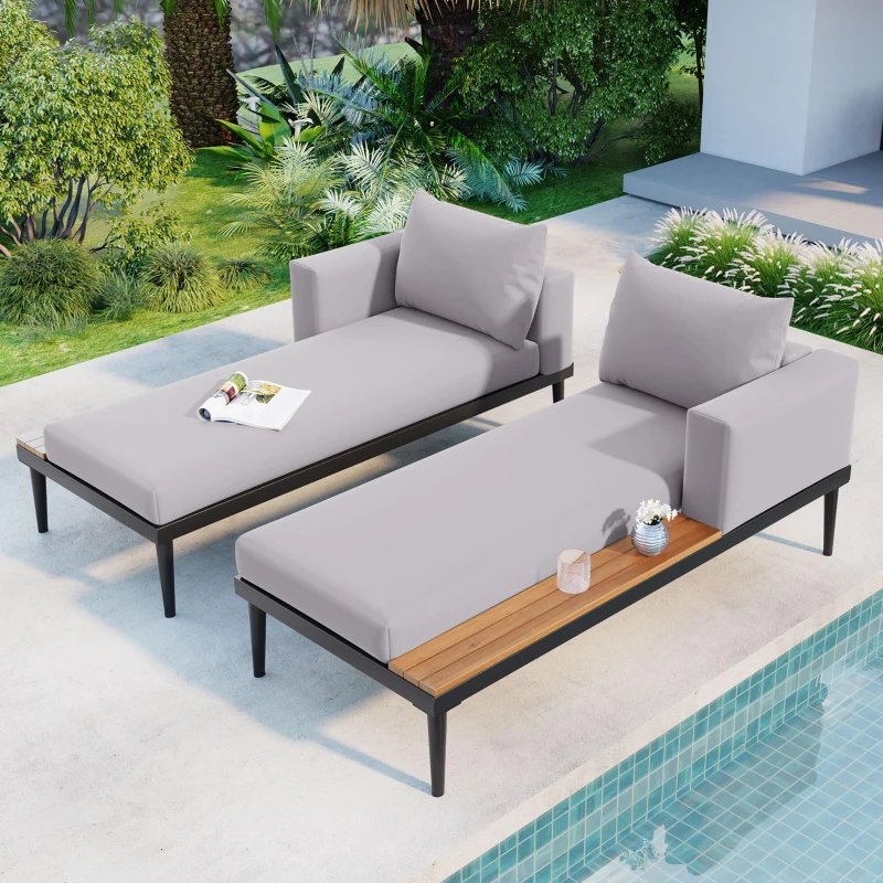 2 In 1 Outdoor Daybed with Wood Side Table for Patio, Convertible Padded Chaise Lounge with Adjustable Leg, 59" L x 55" W x 21" H, Gray