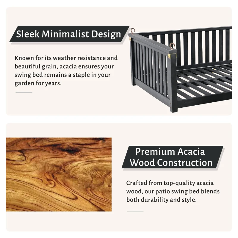 Twin Size Acacia Wood Porch Swing with Ropes for Patio & Garden, Hanging Swing Bed with Sloped Design, 79'' L x 41.5'' W x 21'' H, Black