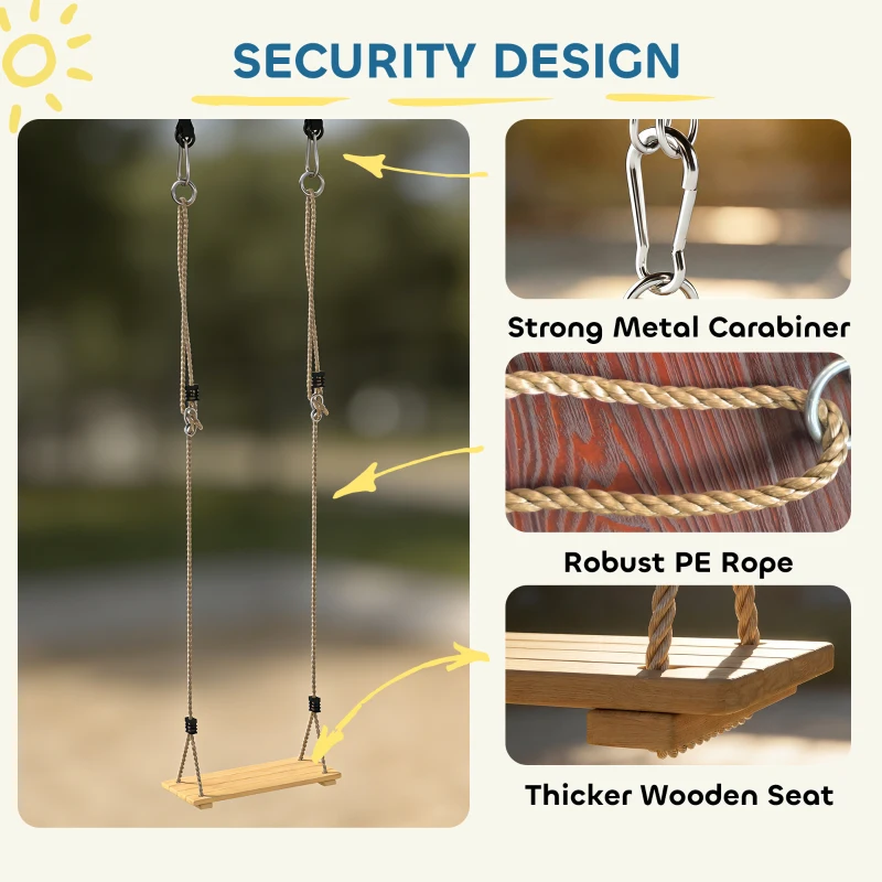 Qaba Wooden Swing Seat for Backyard Adjustable Rope Outdoor Playground Playset for Kids with Tree Straps Carabiners