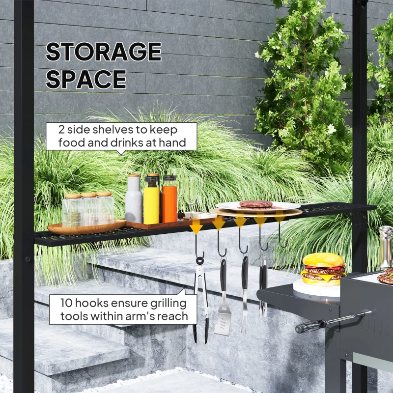 Outsunny 8 x 5ft Hardtop Grill Gazebo with Double Metal Roof, 2 Side Shelves and 10 Hooks for Patio Backyard Lawn Deck