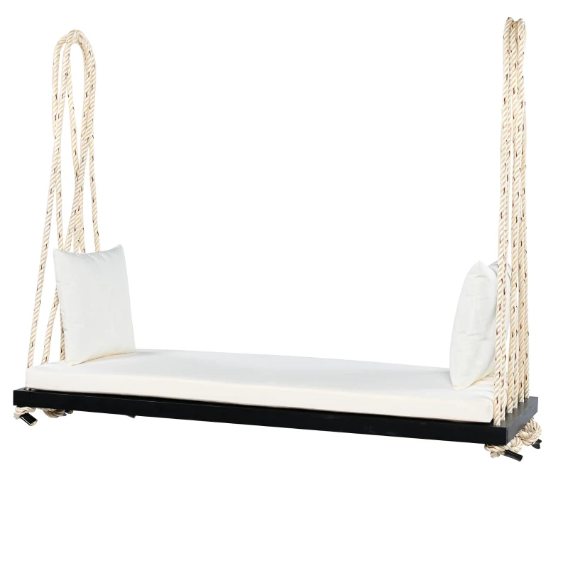 Acacia Wood Porch Swing with Plush Cushion & 2 Throw Pillow, Hanging Swing Bench for Garden & Backyard, 63'' L x 23.5'' W x 2'' H, Black