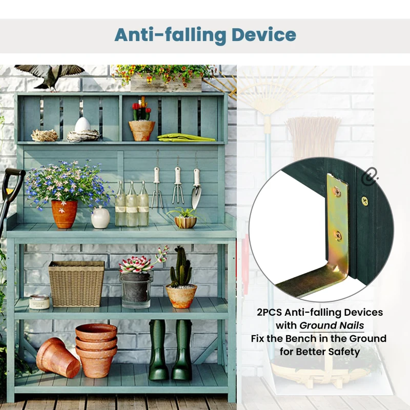 Outdoor Potting Bench with 4 Storage Shelf & Side Hook, Rustic Garden Workstation with Fir Wood Frame, 47'' L x 19.5'' W x 65'' H, Green
