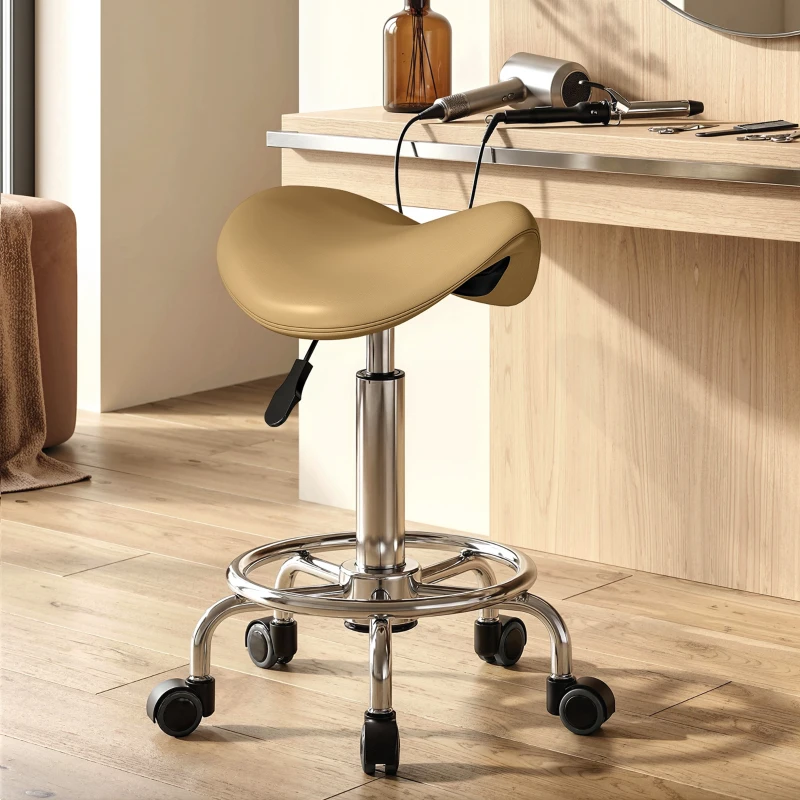 HOMCOM Saddle Stool, PU Leather Adjustable Rolling Salon Chair, Light Brown
