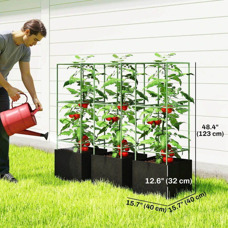 Outsunny 3 Packs Tomato Cages with 13.5 Gallon Grow Bags, Adjustable Square Plant Support Trellis
