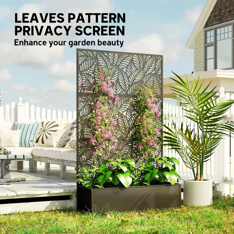 Outsunny Metal Planter Box with Trellis, 70" Raised Garden Bed with Trellis Privacy Screen for Climbing Plants, Leaves Cut-Out