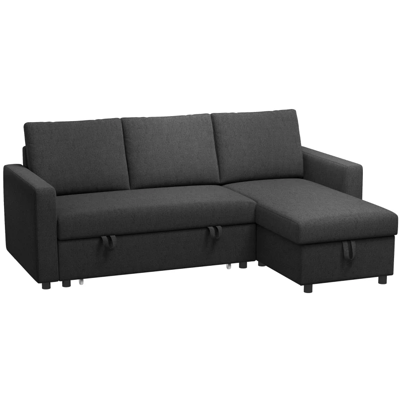 HOMCOM Convertible Corner Sofa Bed, Built-In Storage & 3 Removable Back Cushions, Black