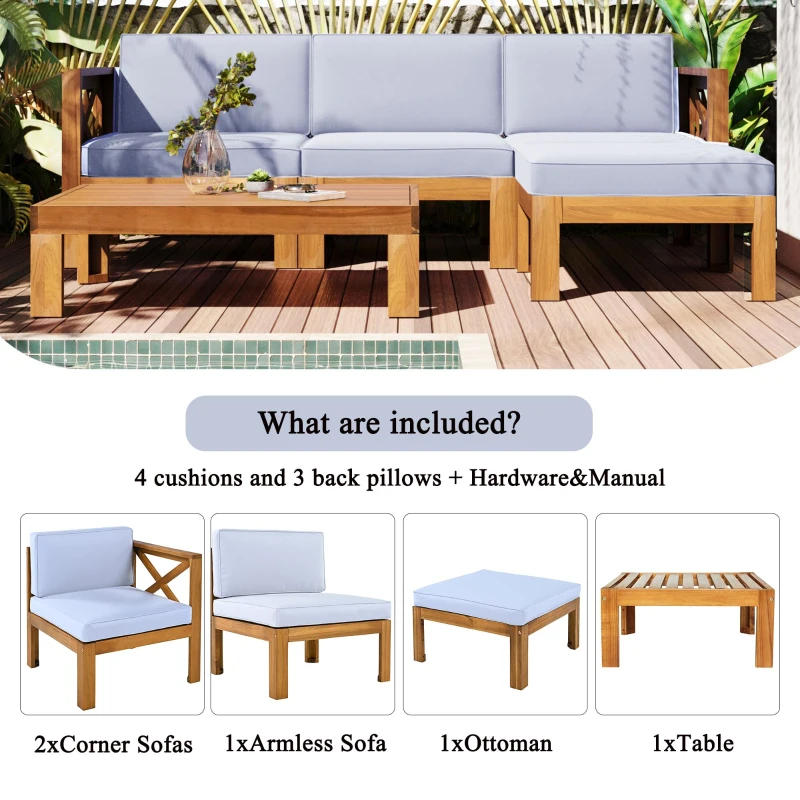 Casual Outdoor Sectional Sofa with Wood Frame & Cushions, Patio Seating Group for Backyard, 25.5" L x 25.5" W x 25.5" H, Natural+Gray