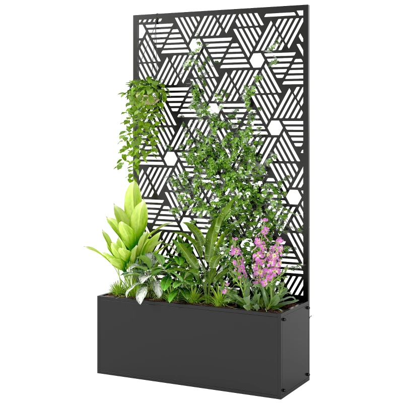 Outsunny Metal Planter Box with Trellis, 44.5" Tall Raised Garden Bed with Privacy Screen, Hexagon and Line Cut-Out