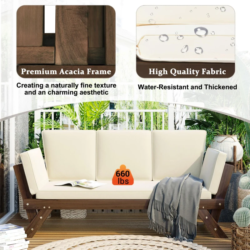 Expandable Acacia Wood Daybed with Cushions, Adjustable Patio Chaise Lounge for Compact Space, 78.5" L x 21.5" W x 32" H, Beige