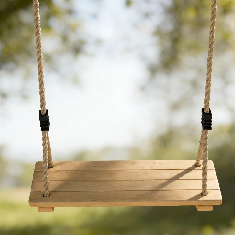 Qaba Wooden Swing Seat for Backyard Adjustable Rope Outdoor Playground Playset for Kids with Tree Straps Carabiners