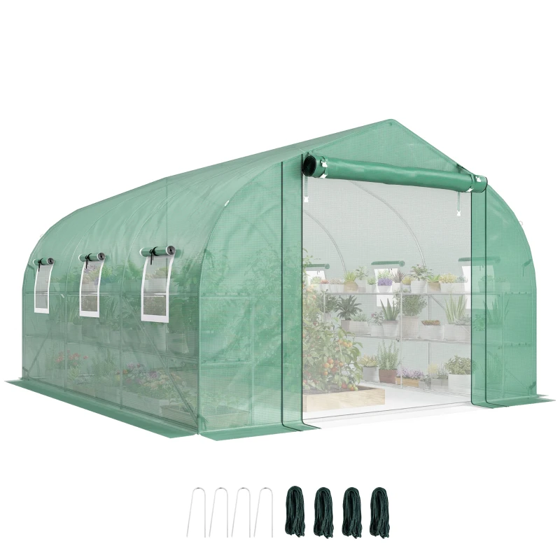Outsunny 10'x11'x6' Walk-in Tunnel Greenhouse with Shelves, Mesh Door and Windows, Plant Hot House with PE Cover, Green