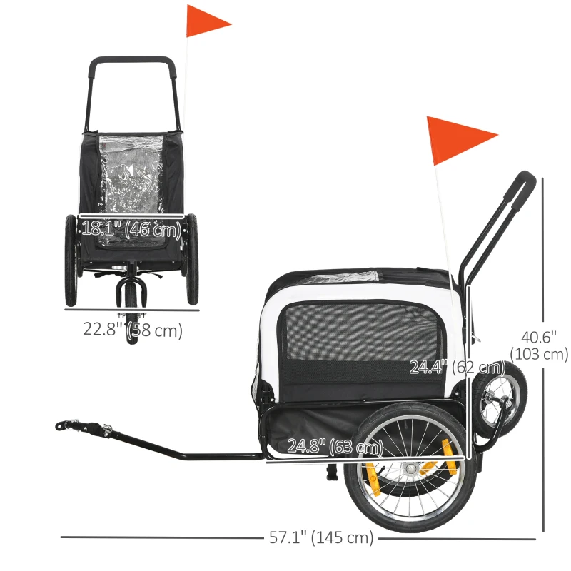 PawHut 2 in 1 Dog Bike Trailer, Dog Stroller with Safety Leash, Hitch, Flag, Reflectors, Cushion for Small Dogs, Black