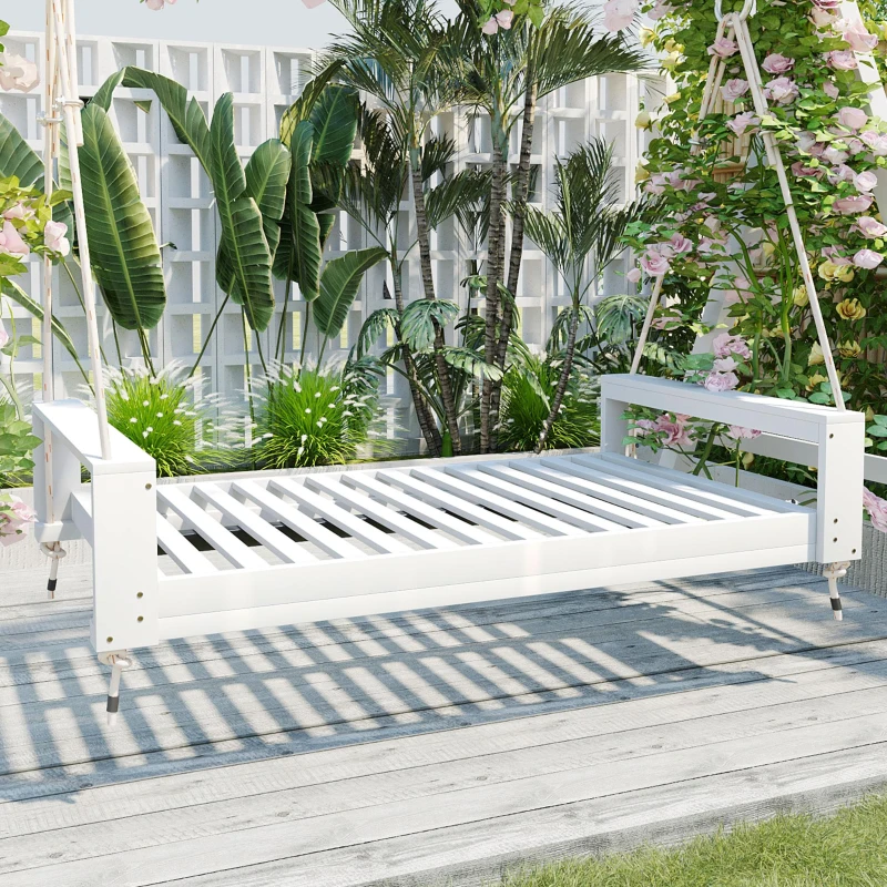 Twin Porch Swing Bed with Acacia Wood Frame & Hemp Ropes, Outdoor Hanging Daybed for Patio & Garden, 86'' L x 41.5'' W x 17.5'' H, White