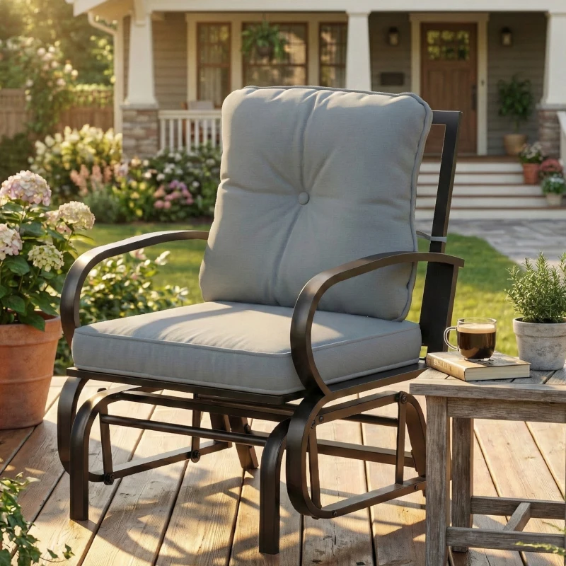 Outsunny Patio Glider, Outdoor Glider Chair with Cushions, Steel Frame, Curved Armrests, Light Grey