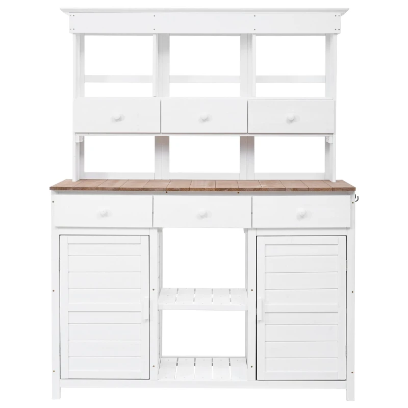 Garden Potting Bench with Hutch, 6 Drawer & 2 Cabinet, Tall Wood Workstation with 3 Shelf & Side Hooks, 50'' L x 20.5'' W x 65.5'' H, White