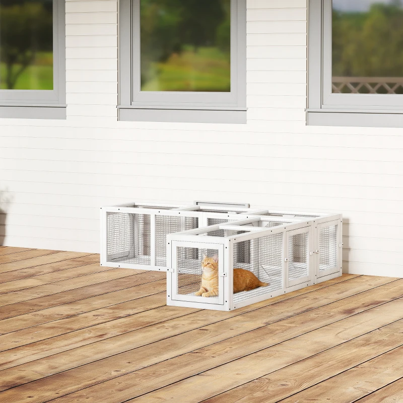PawHut Cat Tunnel, Outdoor Cat Enclosure with Combinable Design, 8 Doors, 98" Kitty Toys for House, Window, Cage, White