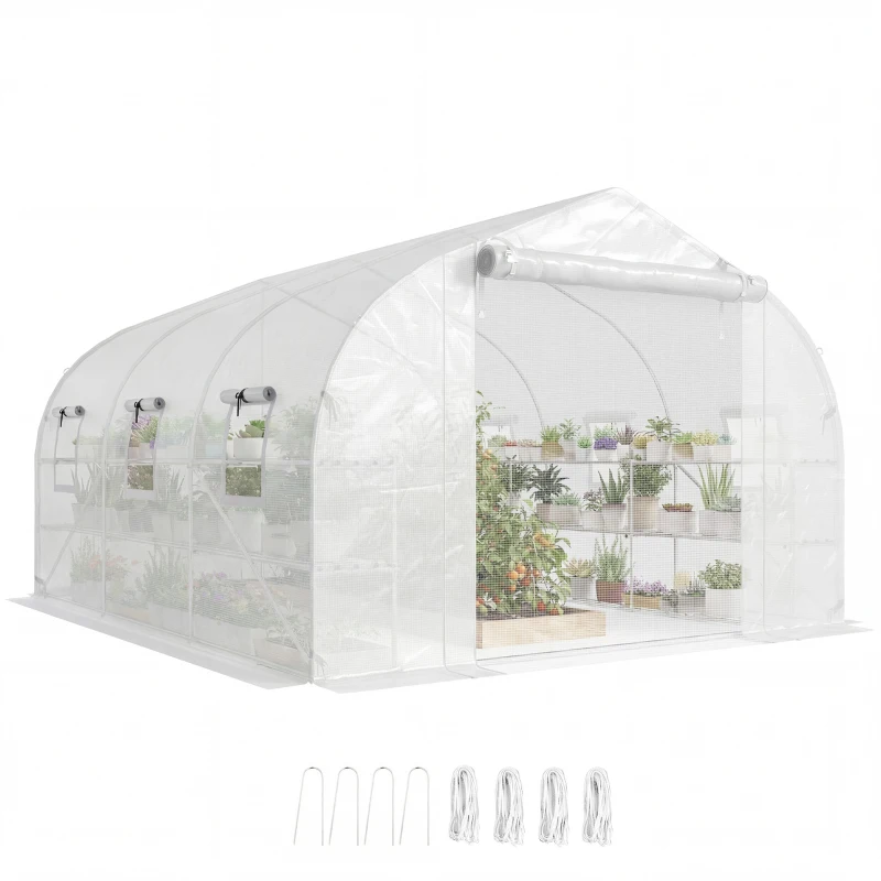 Outsunny 10'x11'x6' Walk-in Tunnel Greenhouse with Shelves, Mesh Door and Windows, Plant Hot House with PE Cover, White