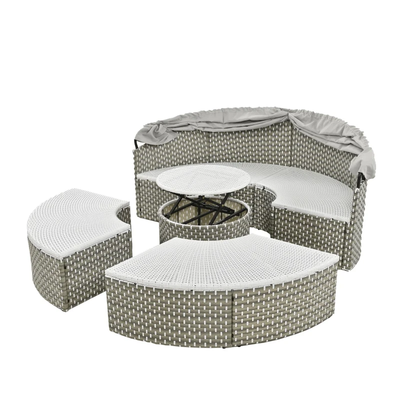 Round Rattan Patio Daybed with Retractable Canopy and Table, Versatile Sunbed with Separate Garden Seating, 66.5" L x 65" W x 53.5" H, Gray