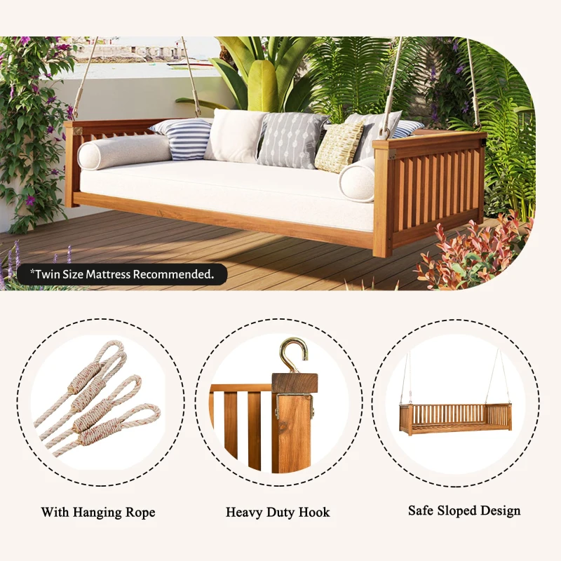 Minimalist Twin Swing Bed with Ropes for Patio & Backyard, Wood Porch Swing with Safe Sloped Design, 79" L x 41.5" W x 21" H, Teak