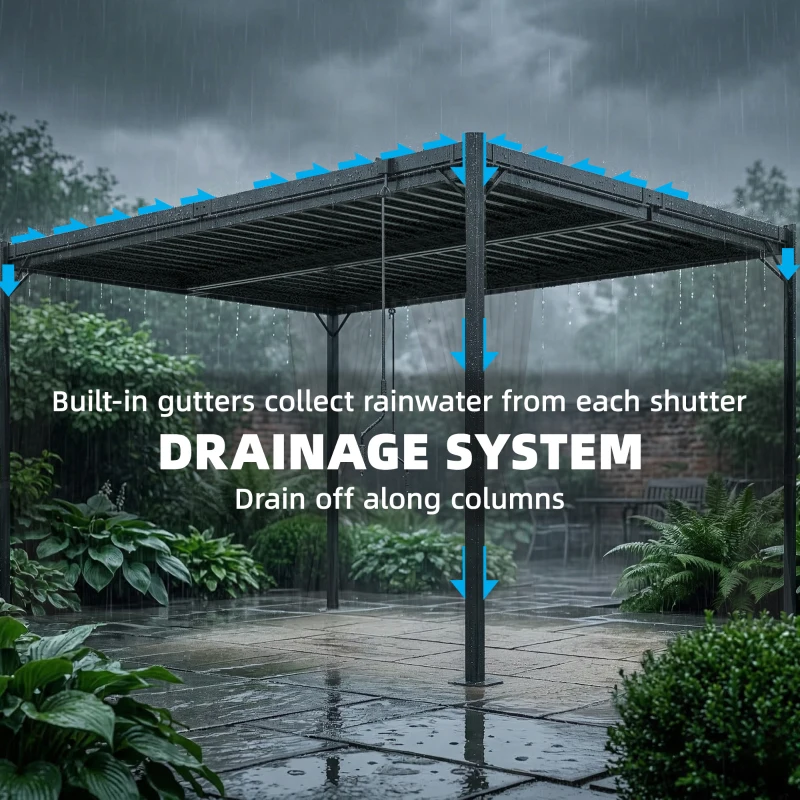 Outsunny 10 x 13 ft Louvered Pergola with Steel Roof, Curtains, Outdoor Metal Pergola Gazebo with Drainage Gutters, Grey