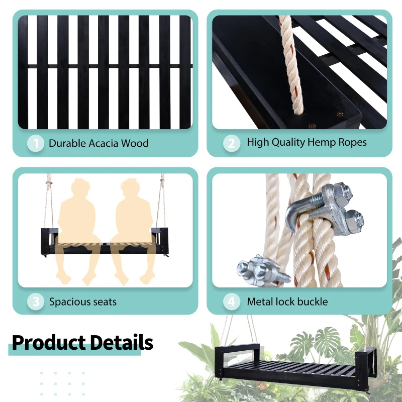 Twin Size Porch Swing Bed for Patio, Garden & Backyard, Acacia Wood Hanging Daybed with Hemp Rope, 86'' L x 41.5'' W x 17.5'' H, Black