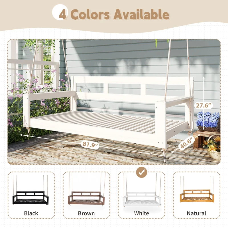 Twin Daybed Porch Swing with 4 Rope for Patio or Garden, Wood Swing Bench with Farmhouse Design, 82'' L x 40.5'' W x 27.5'' H, White