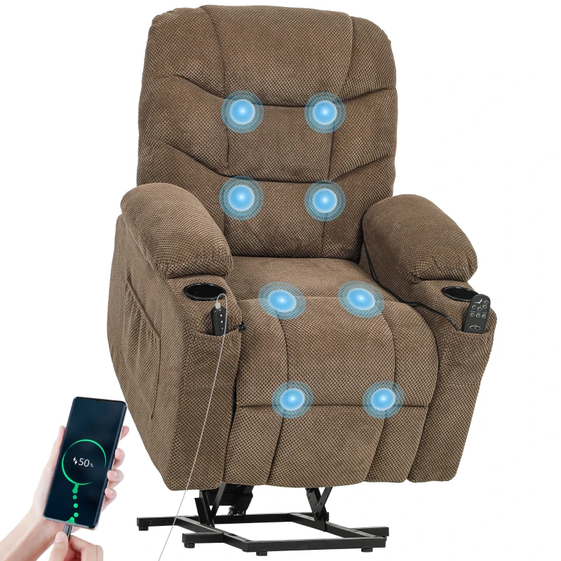 HOMCOM Power Recliner Chair with Massage, Electric Lift Chair for Elderly with Side Pockets, Cup Holders, Remote, Brown
