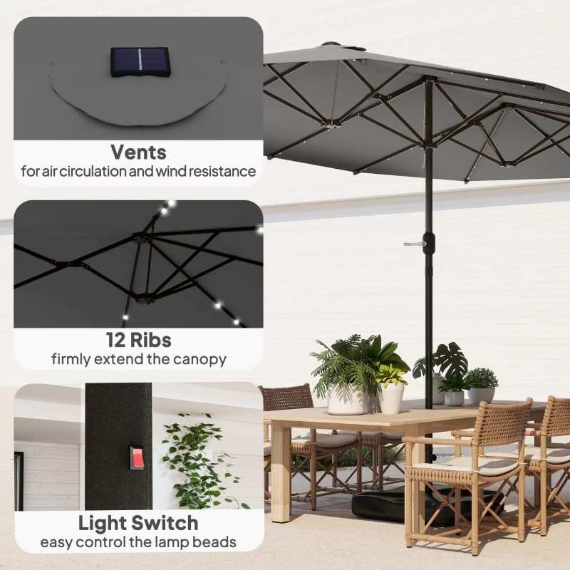 Outsunny Garden Parasol 14.4ft Double-Sided Sun Umbrella with Base, Patio Parasol with LED Solar Lights, Gray