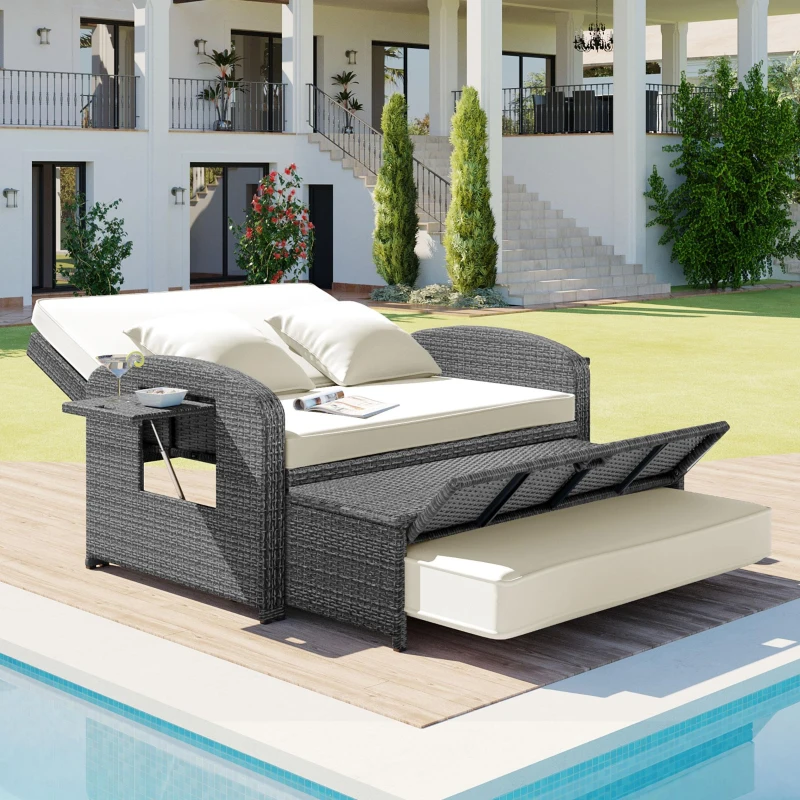 Stylish Double Chaise Lounge with Adjustable Back, 2-Person Rattan Daybed with Thick Cushion, 53.5" L x 43" W x 21.5" H, White
