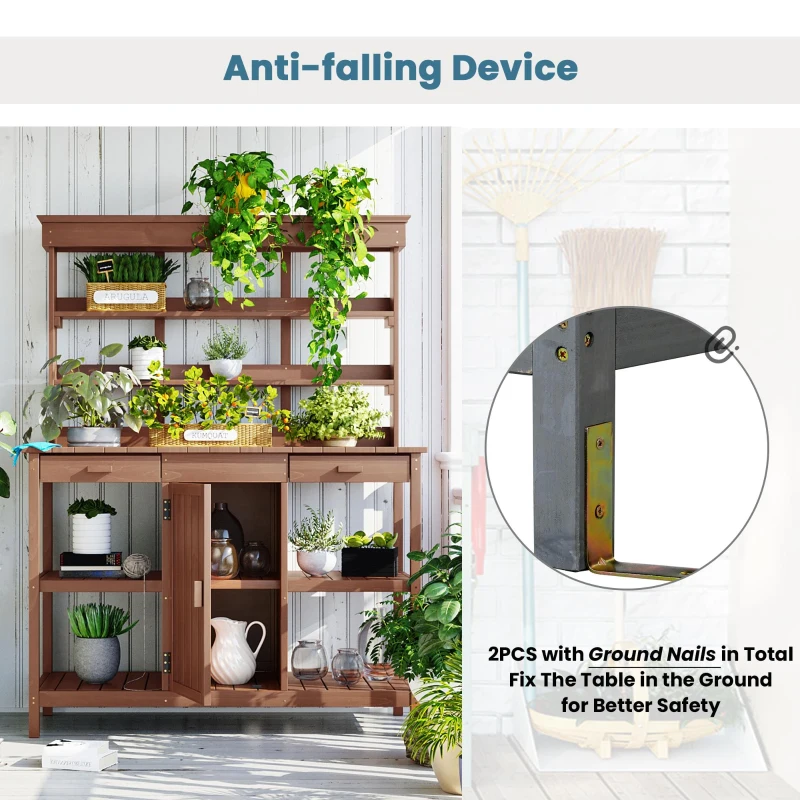 Farmhouse Wooden Potting Bench with 2 Drawer & Cabinet, Outdoor Garden Workstation with Storage Shelf, 50'' L x 20'' W x 66'' H, Brown