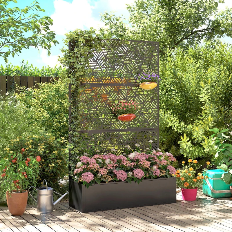 Outsunny Metal Planter Box with Trellis, 70" Tall Raised Garden Bed with Privacy Screen, Hexagon and Line Cut-Out
