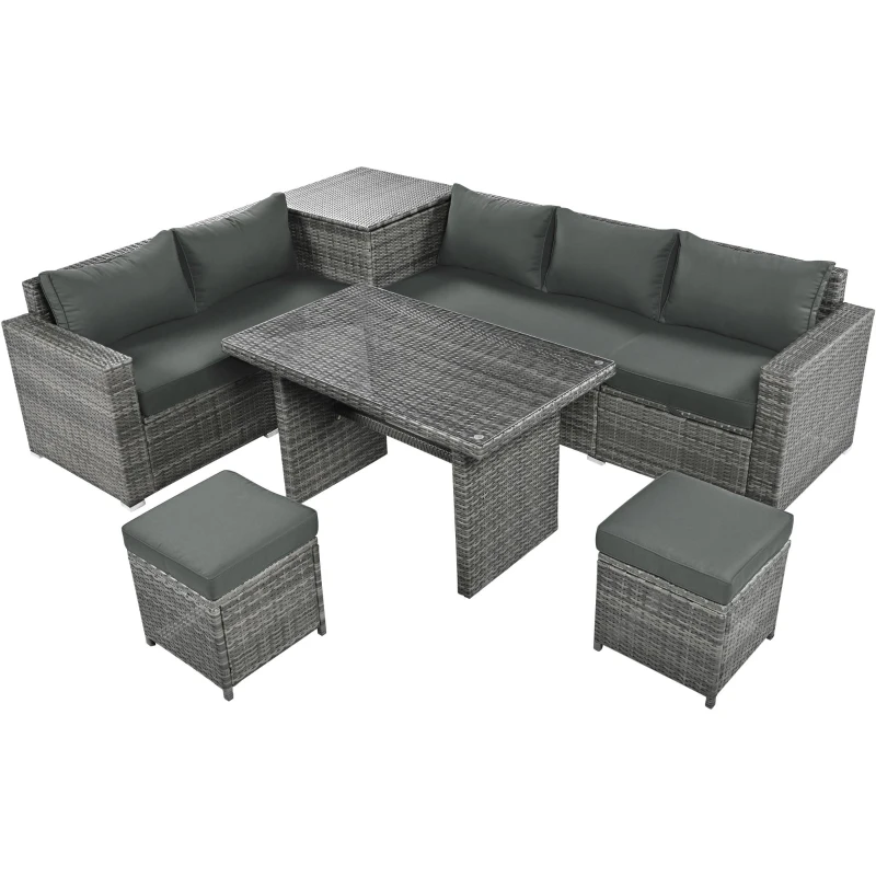 6-Piece Patio Rattan Set with Adjustable Lounger & Storage Box, All-Weather Wicker Furniture for Garden, 75.5" L x 27.5" W x 28.5" H, Grey