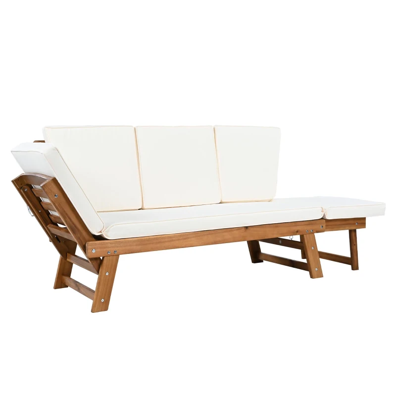 Expandable Acacia Wood Daybed with Cushions, Adjustable Patio Chaise Lounge for Compact Space, 78.5" L x 21.5" W x 32" H, Natural+Beige