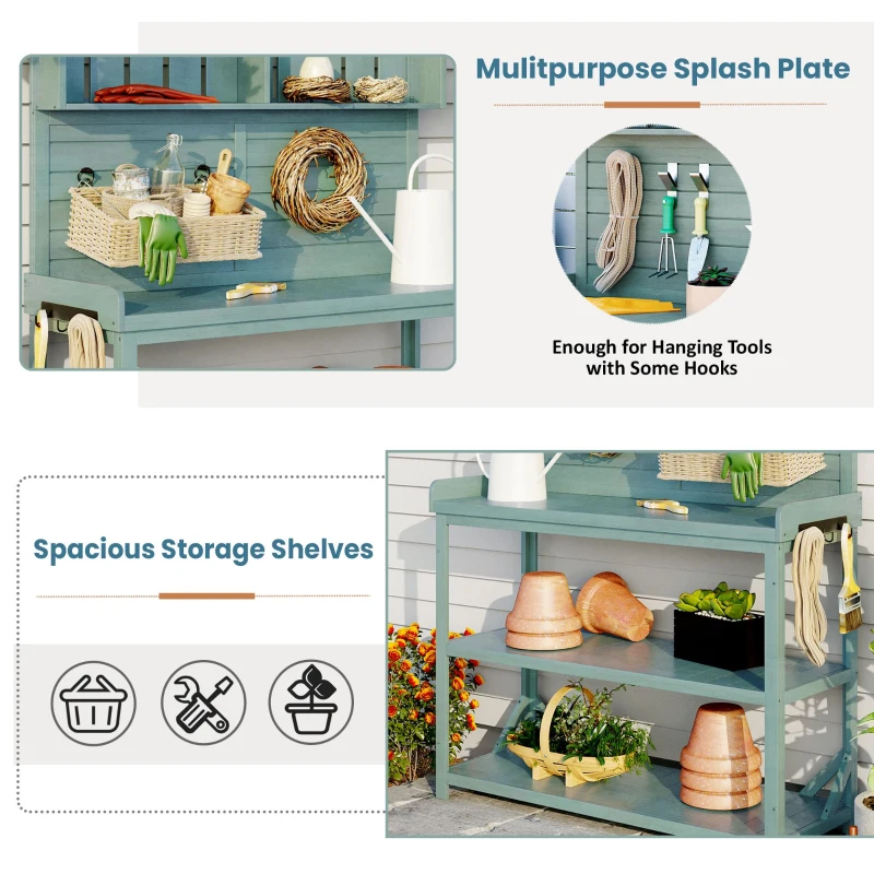 Outdoor Potting Bench with 4 Storage Shelf & Side Hook, Rustic Garden Workstation with Fir Wood Frame, 47'' L x 19.5'' W x 65'' H, Green