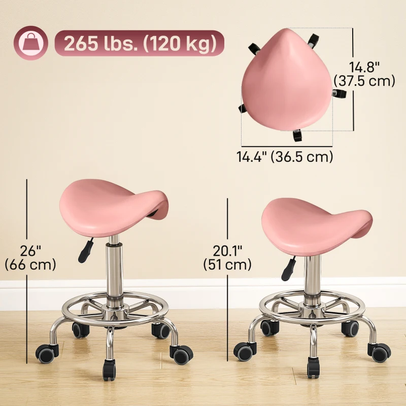 HOMCOM Saddle Stool, PU Leather Adjustable Rolling Salon Chair, Pink