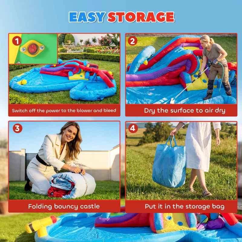 Qaba Inflatable Water Slide 6 in 1 with 480W Blower, Bounce House with Climbing Wall, Splashing Pool, Basketball Hoop
