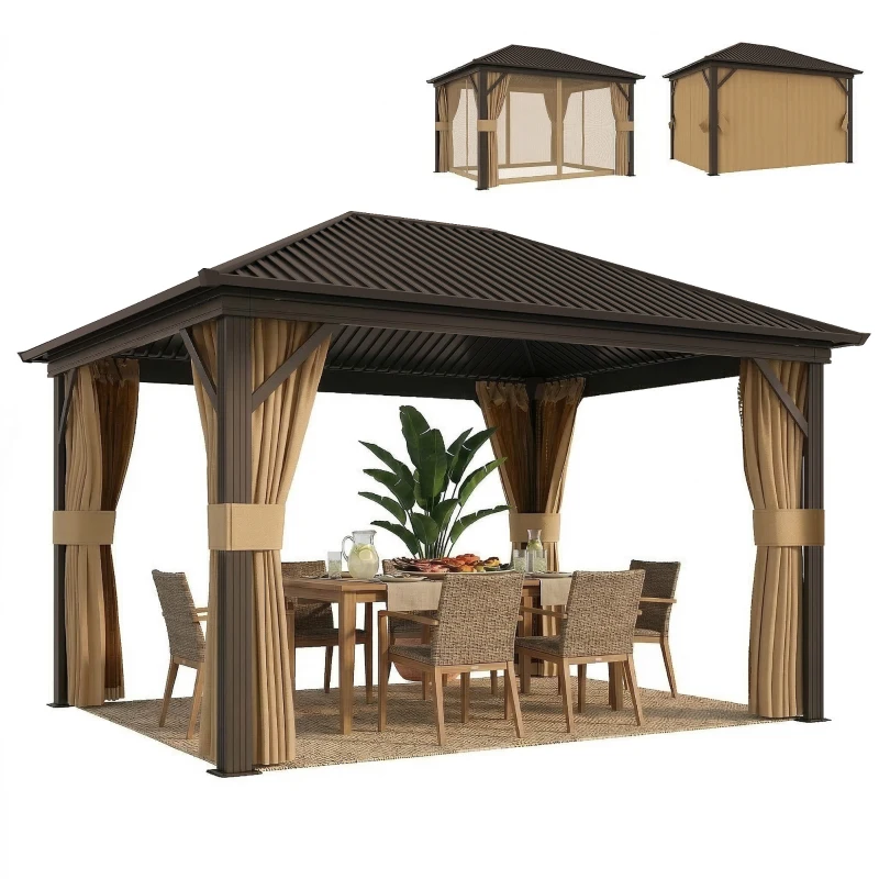 Outsunny 10' x 12' Outdoor Hardtop Gazebo Metal Roof Patio Gazebo with Aluminum Frame, Mesh Nettings, Brown