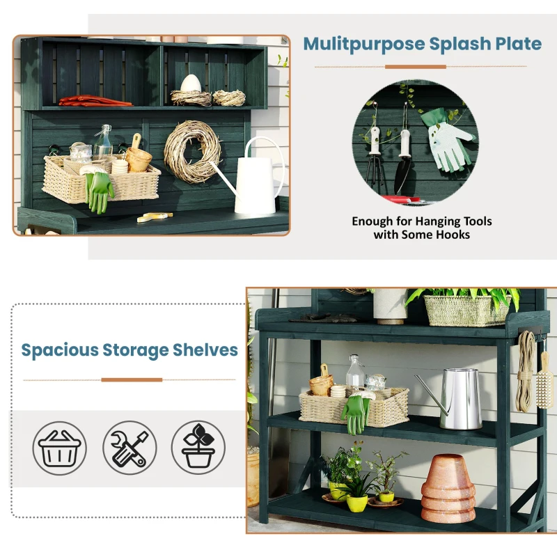 Outdoor Potting Bench with 4 Shelf & Side Hook for Patio, Farmhouse Garden Workstation with Large Tabletop, 47'' L x 19.5'' W x 65'' H, Green