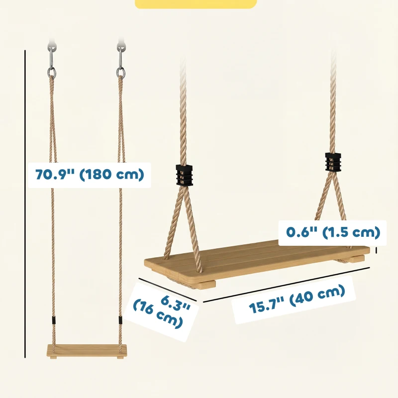 Qaba Wooden Swing Seat for Backyard Adjustable Rope Outdoor Playground Playset for Kids with Tree Straps Carabiners