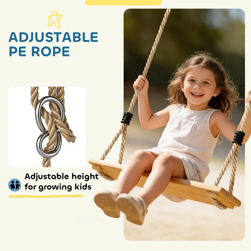 Qaba Wooden Swing Seat for Backyard Adjustable Rope Outdoor Playground Playset for Kids with Tree Straps Carabiners