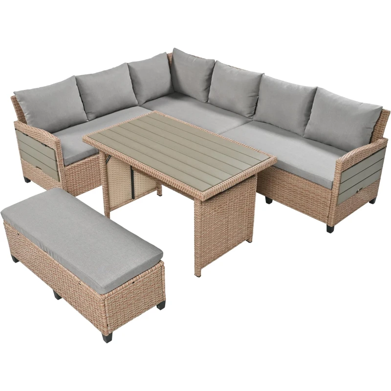 5-Piece Rattan Patio Sofa with Extendable Side Table & Dining Table, All-Weather Wicker Sectional for Garden, 47" L x 27.5" W x 27.5" H, Brown