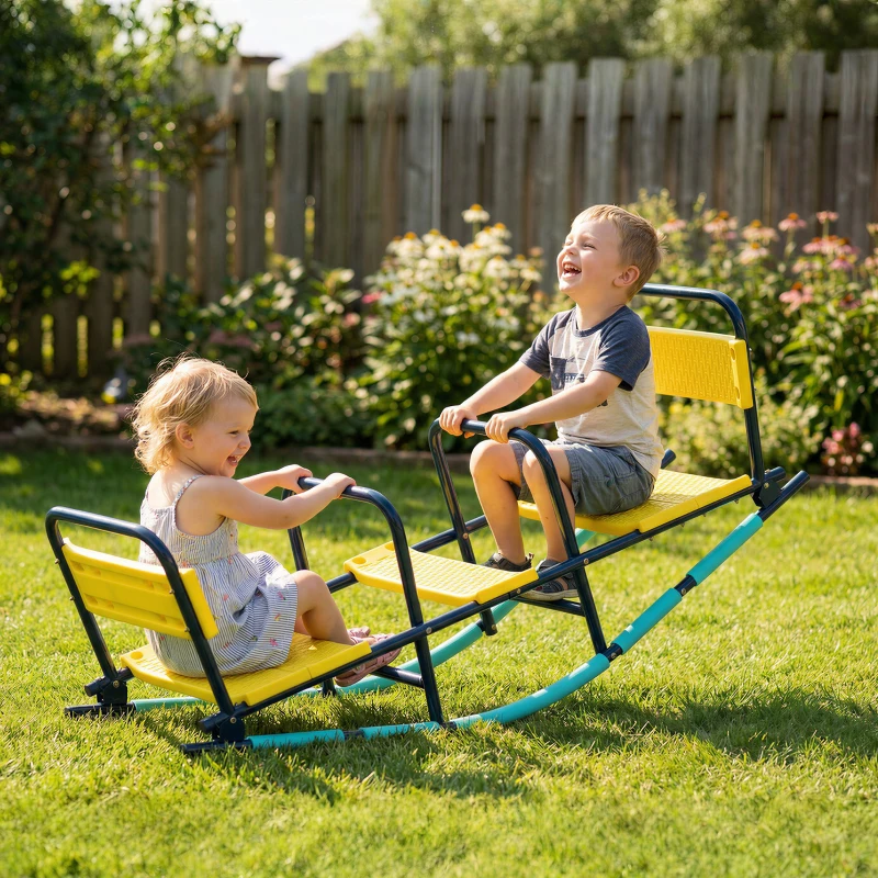 Qaba Teeter Totter Seesaw for Kids, 2 in 1 Metal Rocking Seesaw for Toddlers Age 3-8, Playground Equipment for Backyard