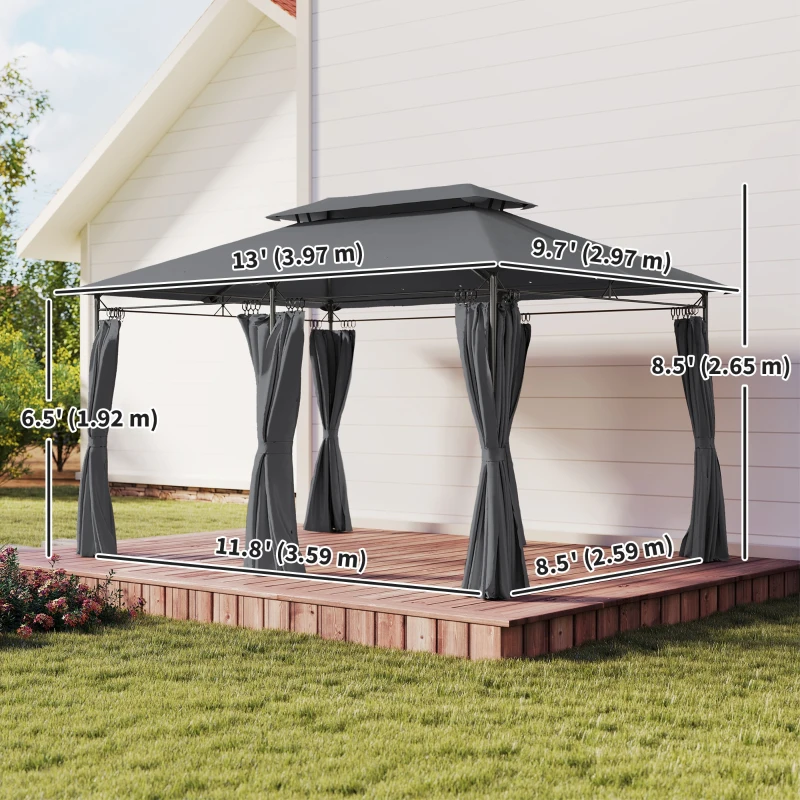Outsunny 10' x 13' Double Roof Patio Gazebo, Outdoor Gazebo with Curtains, for Garden, Lawn, Backyard and Deck, Grey