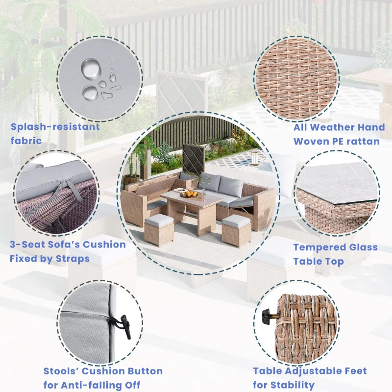 6-Piece Patio Rattan Set with Adjustable Lounger & Storage Box, All-Weather Wicker Furniture for Garden, 75.5" L x 27.5" W x 28.5" H, Natural