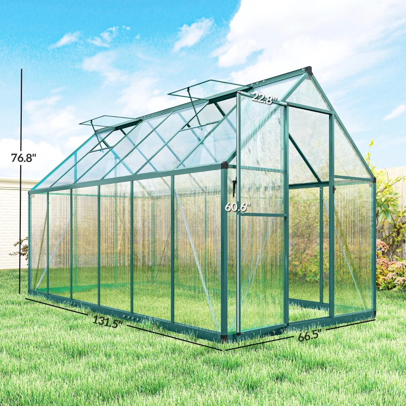Outsunny Polycarbonate Greenhouse with Swing Door and Two Adjustable Roof Vents, Aluminum Walk-in Greenhouse, 11x6 ft, Dark Green
