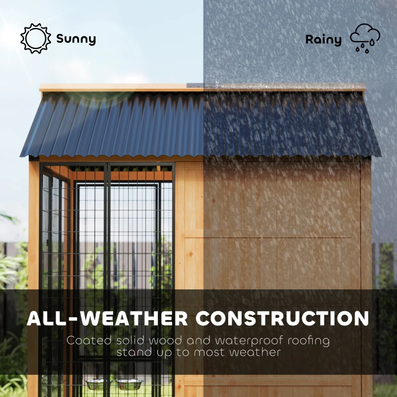 PawHut 7' x 6' Extra Large Dog House, Wood Outdoor Dog Kennel with Storage Cabinet, Stainless Steel Bowls, Light Yellow