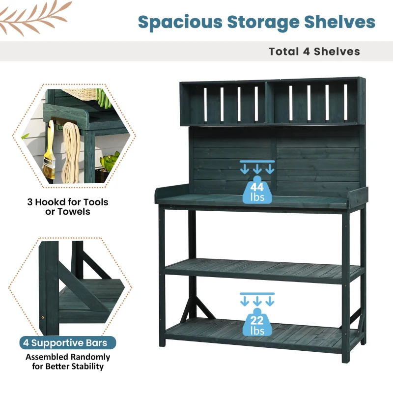 Outdoor Potting Bench with 4 Shelf & Side Hook for Patio, Farmhouse Garden Workstation with Large Tabletop, 47'' L x 19.5'' W x 65'' H, Green