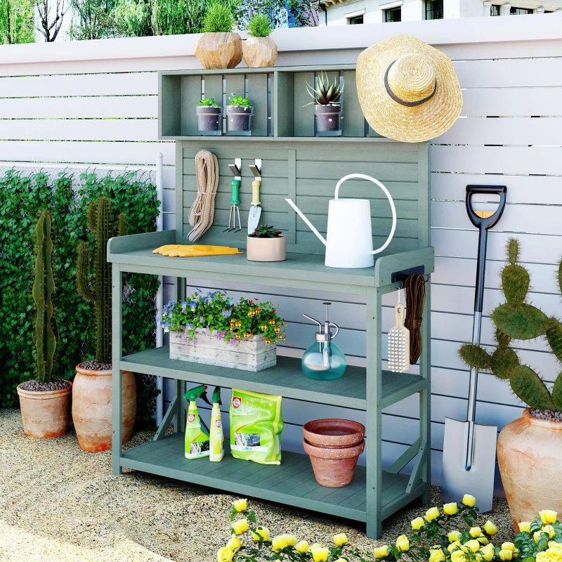 Outdoor Potting Bench with 4 Storage Shelf & Side Hook, Rustic Garden Workstation with Fir Wood Frame, 47'' L x 19.5'' W x 65'' H, Green